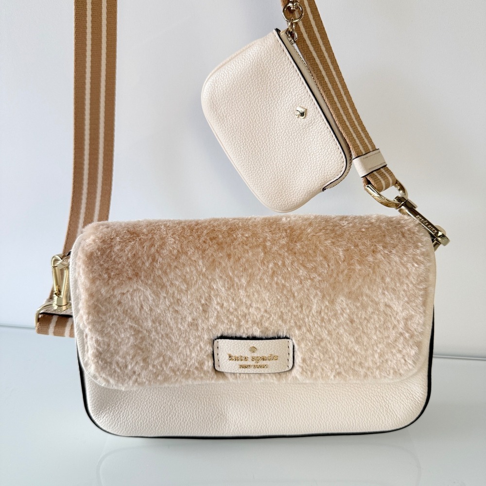 Kate Spade Rosie Faux Shearling Flap Crossbody Bag Womens Small Cream